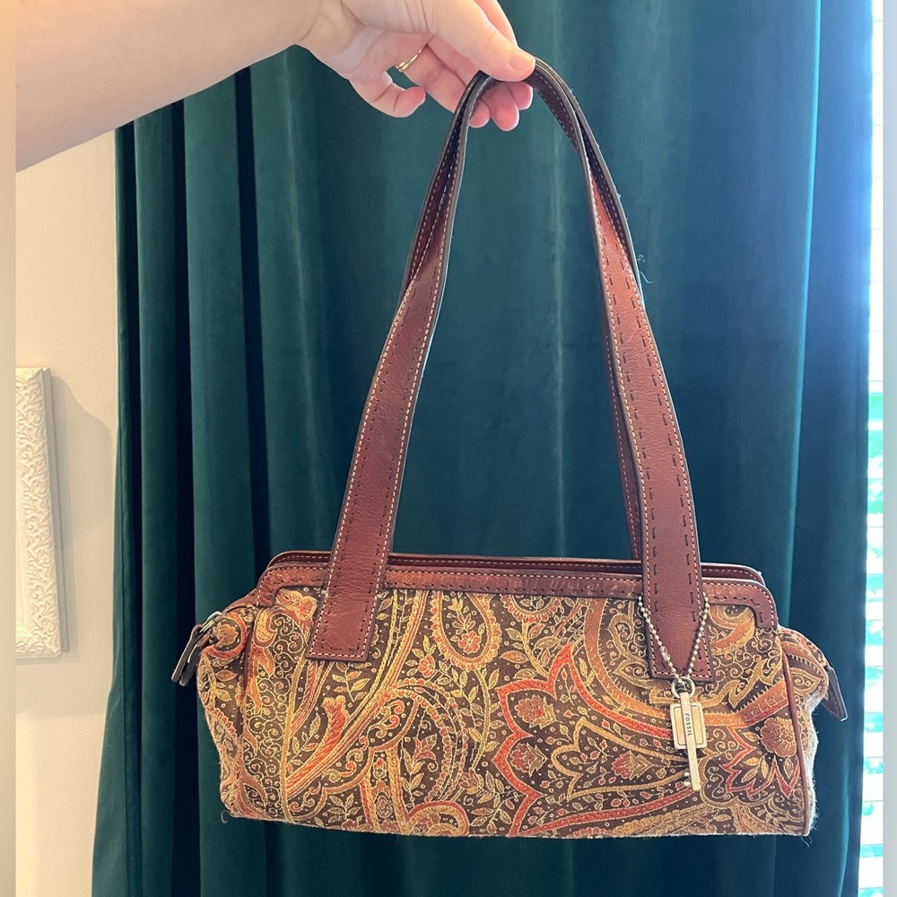 Vintage Fossil Brown Shoulder Bag Tapestry Design